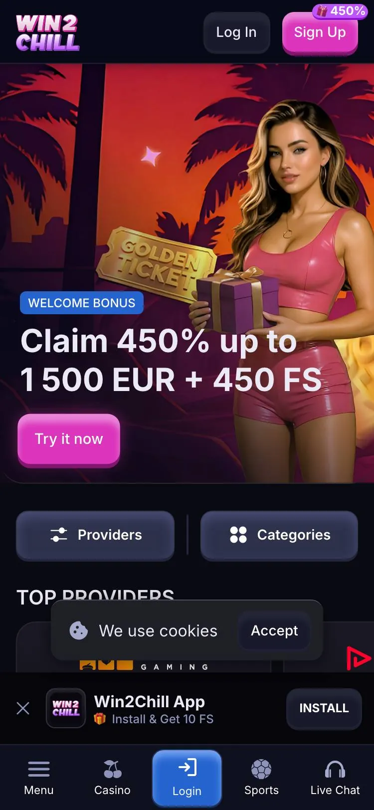 Win2Chill home page on mobile