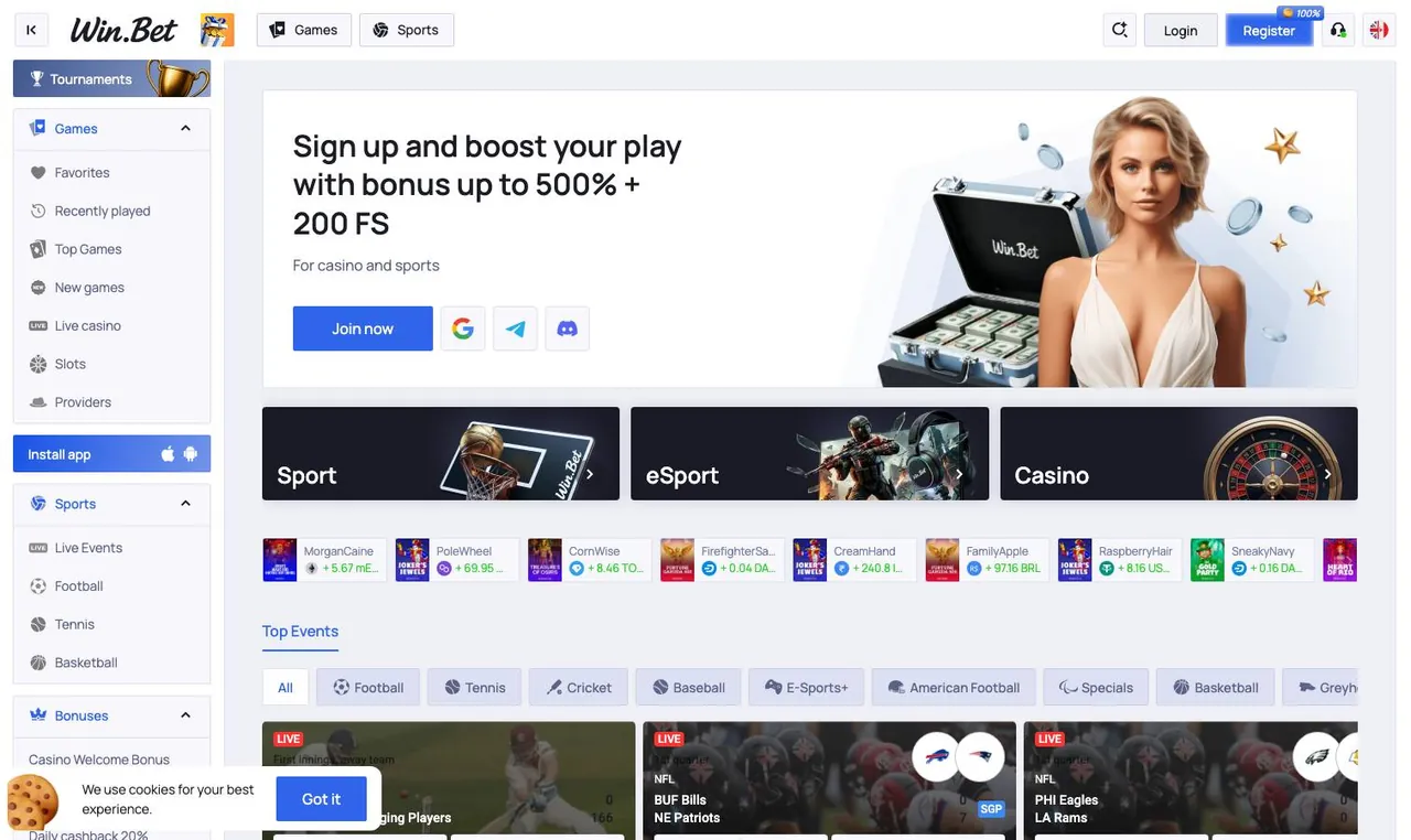 Win.Bet home page on desktop