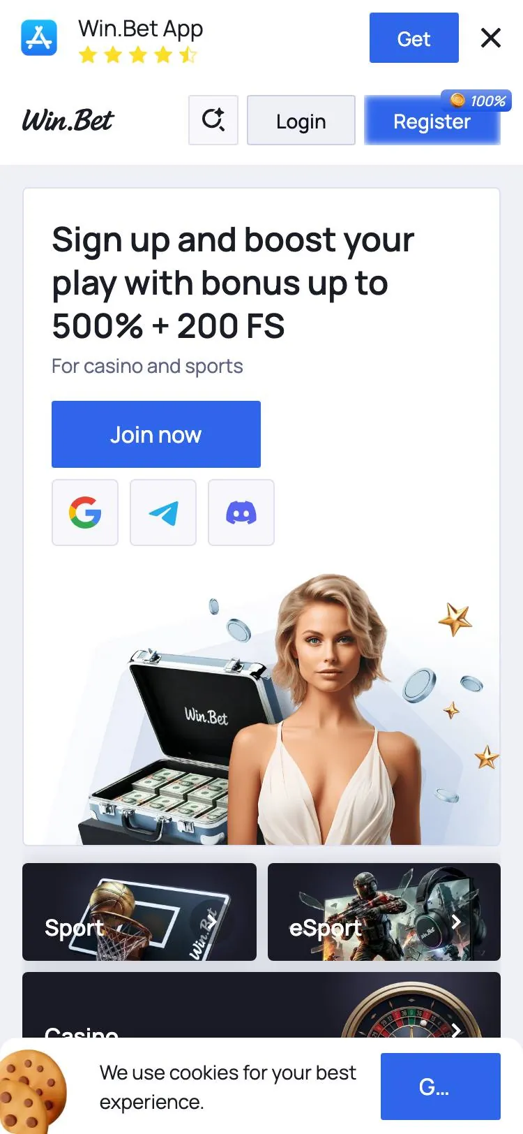 Win.Bet home page on mobile