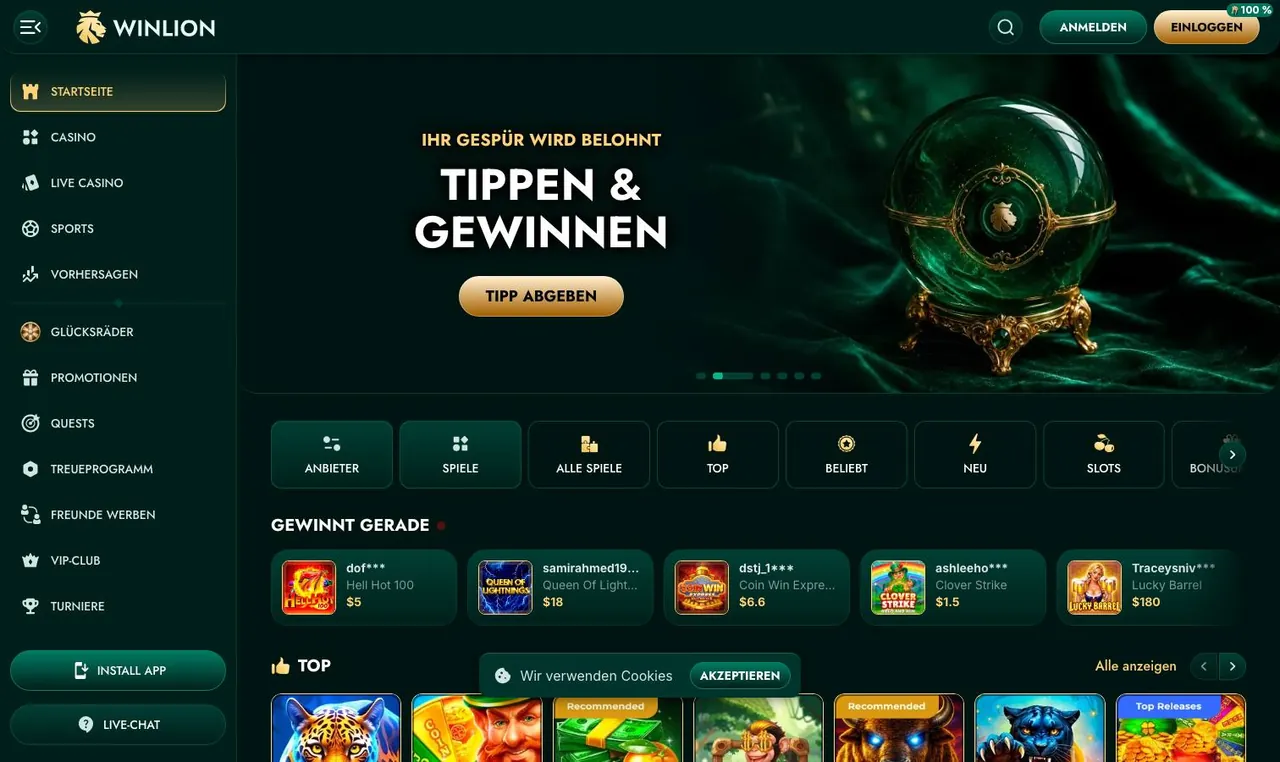 WinLion home page on desktop