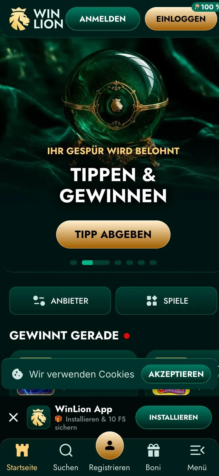 WinLion home page on mobile