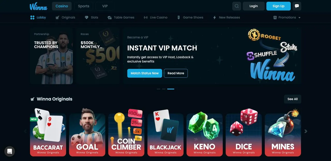 Winna home page on desktop