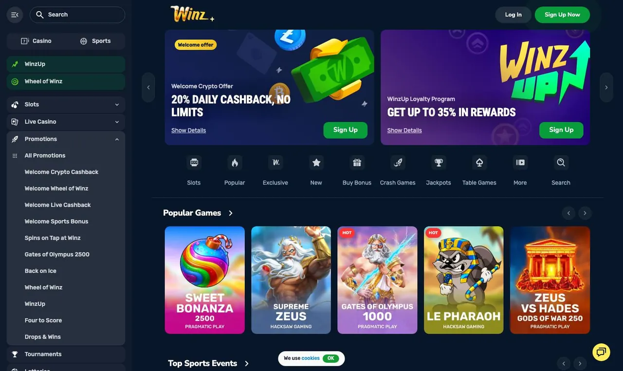 Winz.io home page on desktop