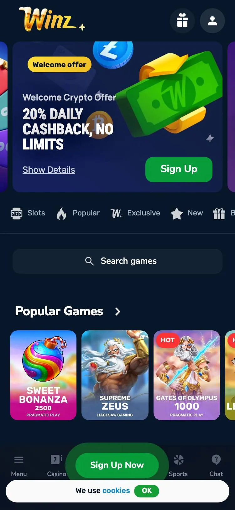 Winz.io home page on mobile