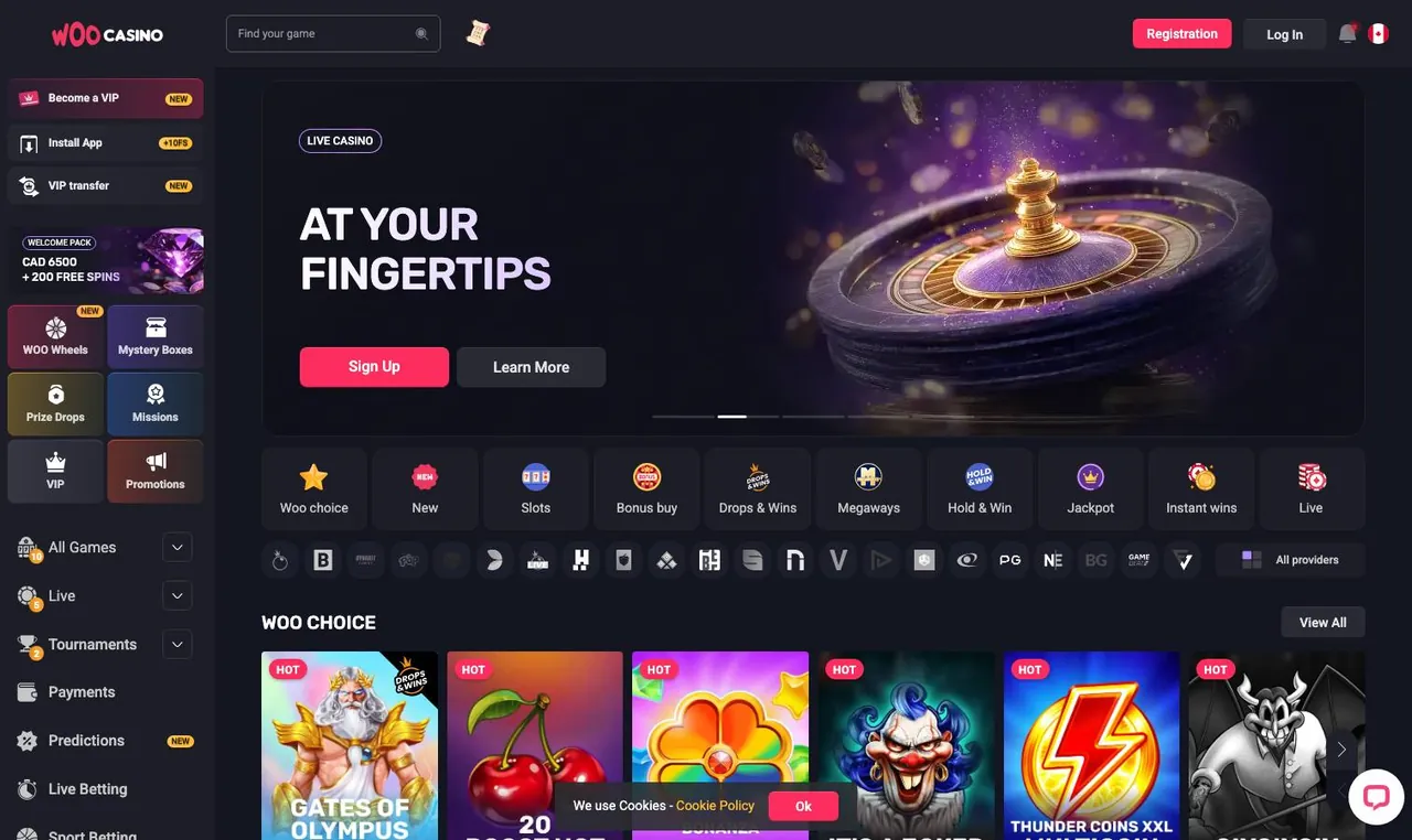 WooCasino home page on desktop
