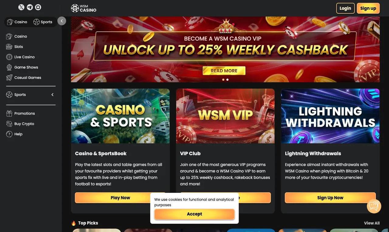 WSM Casino home page on desktop