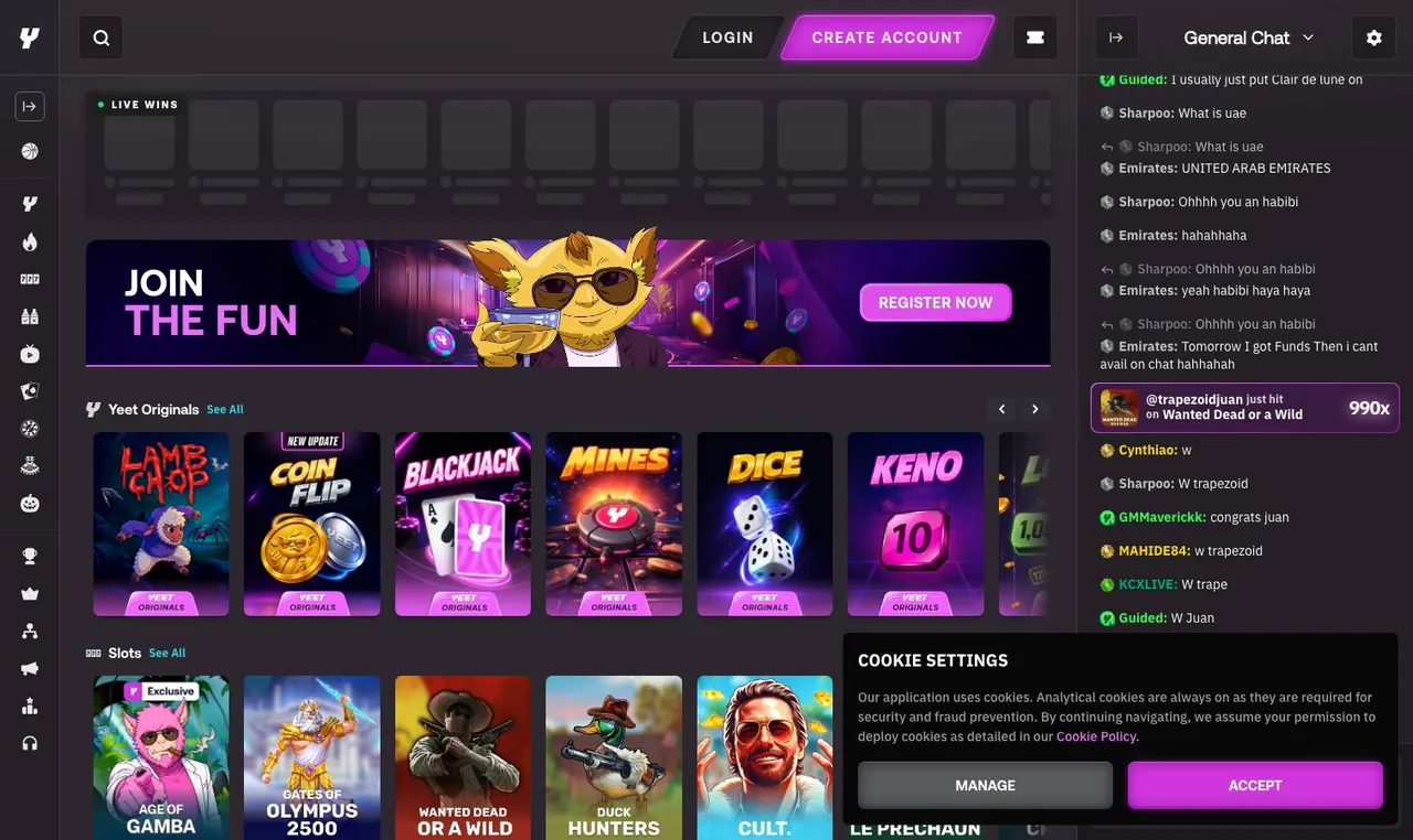 YEET home page on desktop