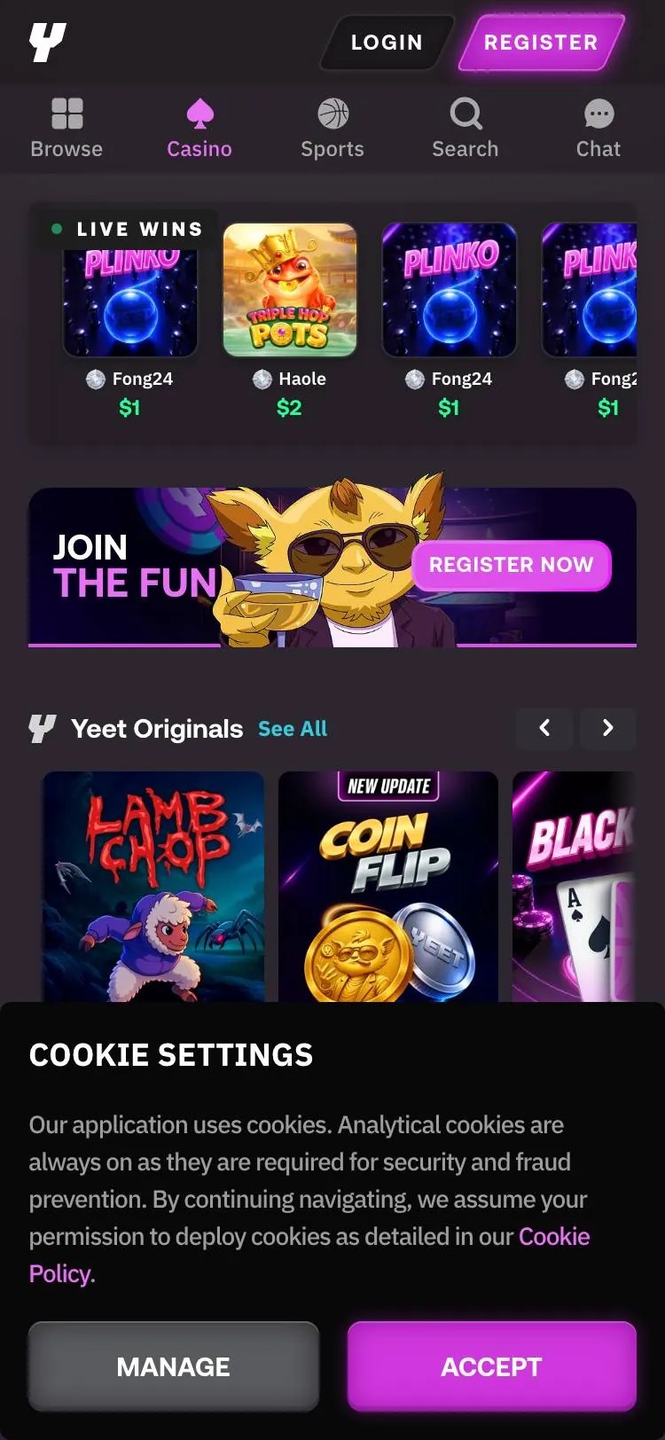 YEET home page on mobile