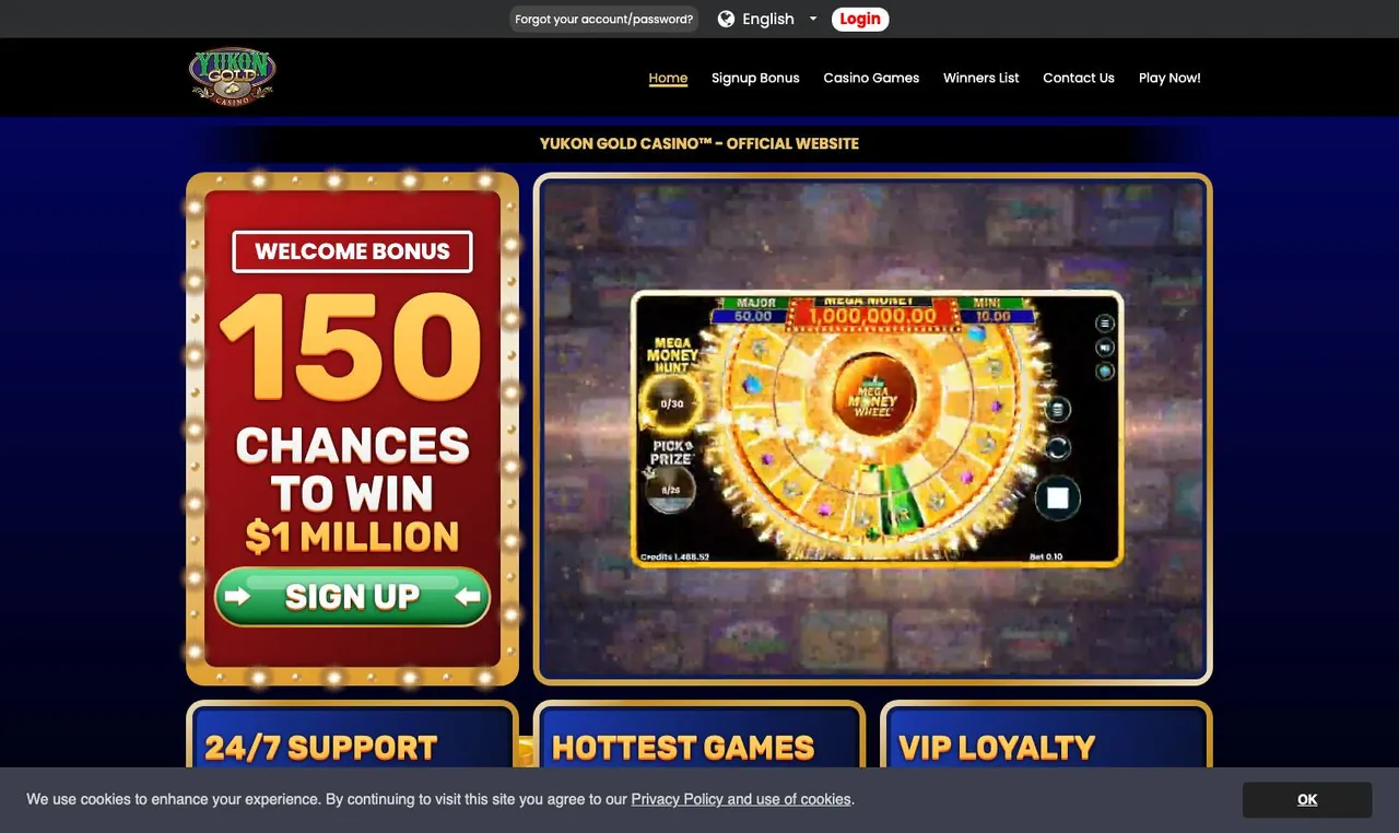 Yukon Gold Casino home page on desktop