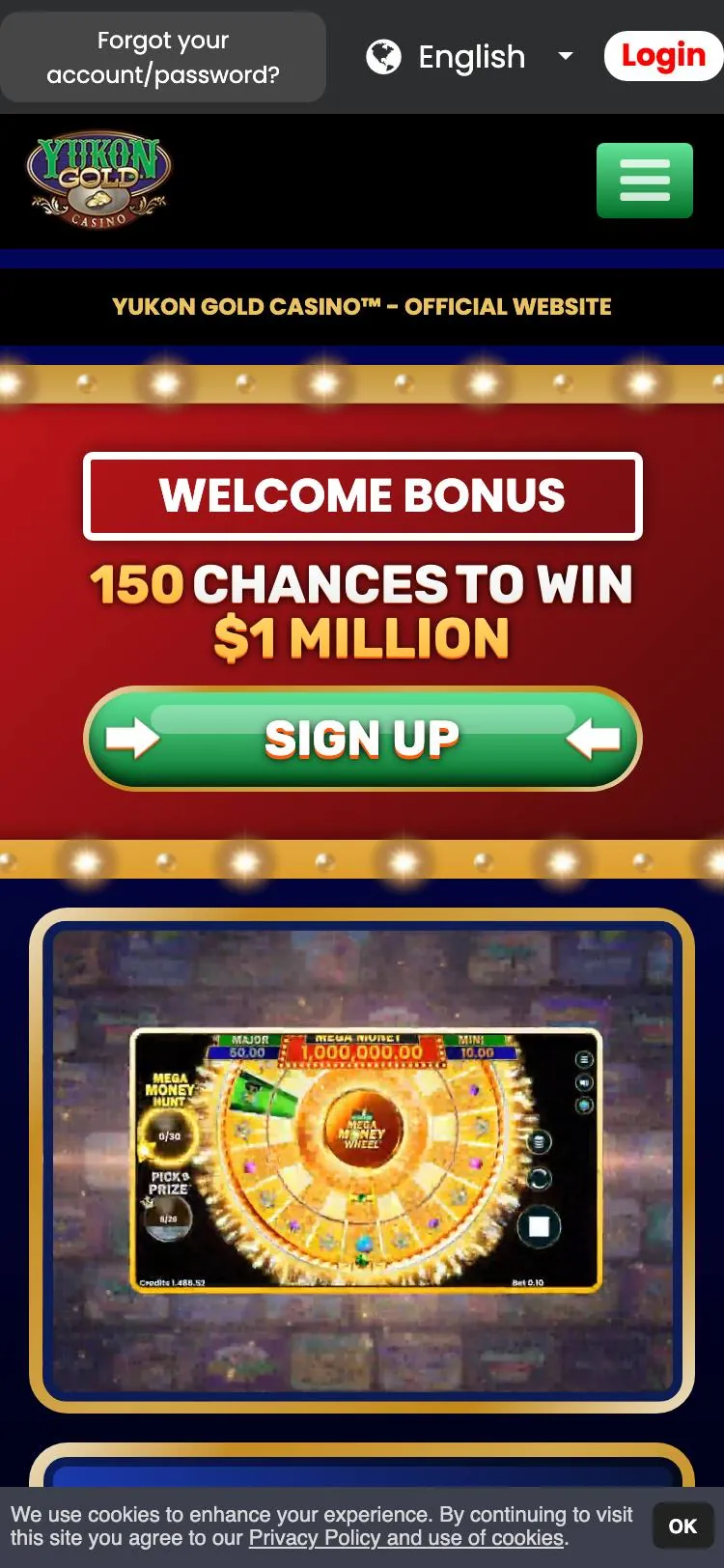 Yukon Gold Casino home page on mobile