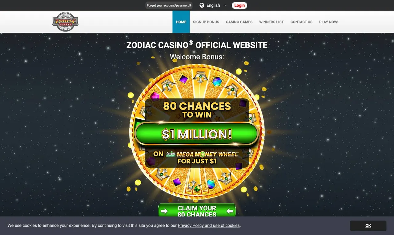 Zodiac Casino home page on desktop