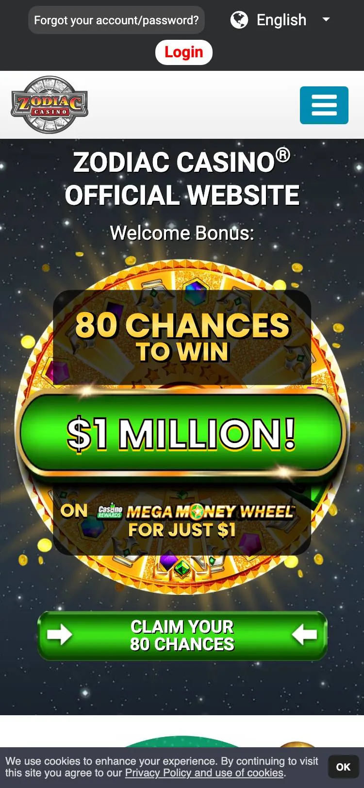 Zodiac Casino home page on mobile