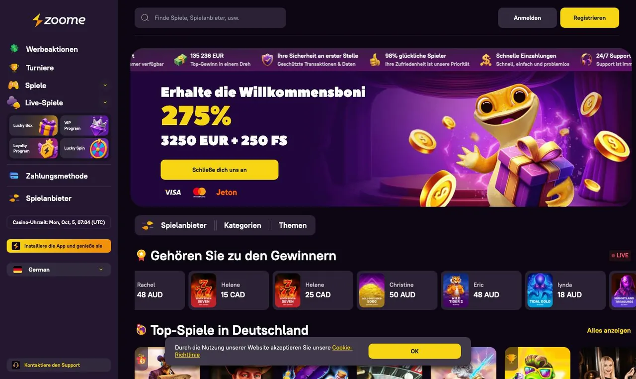Zoome Casino home page on desktop